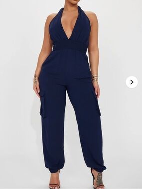 NEW Fashion Nova XL Melania Cargo Jumpsuit Navy Halter Wide Leg NWT